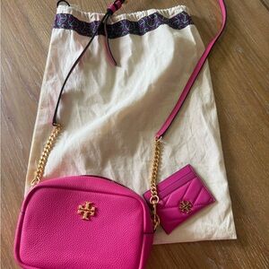 Tory Burch Hot Pink Pebbled Leather Crossbody with Gold Logo